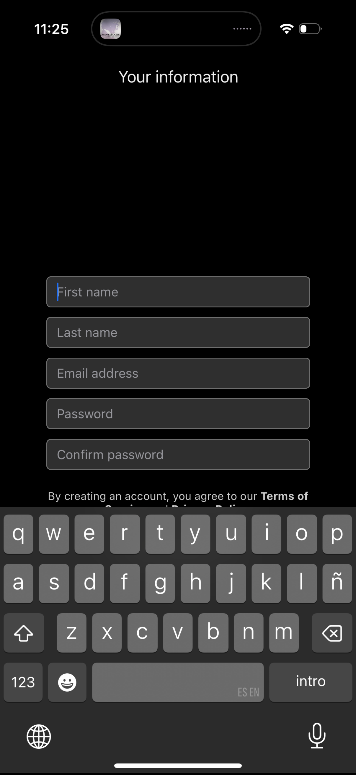 andante signup screenshot